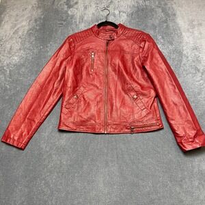 Fahsyee Leather Jacket Womens Large Red Motorcycle Full Zip Pockets Winter Warm